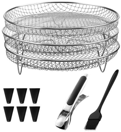 Estante para freidora de aire con rejilla de tocino | Juego de accesorios con pincho, soporte metálico apilable para cocina | Ideal para cocinar carnes, verduras y aperitivos en Freidora A