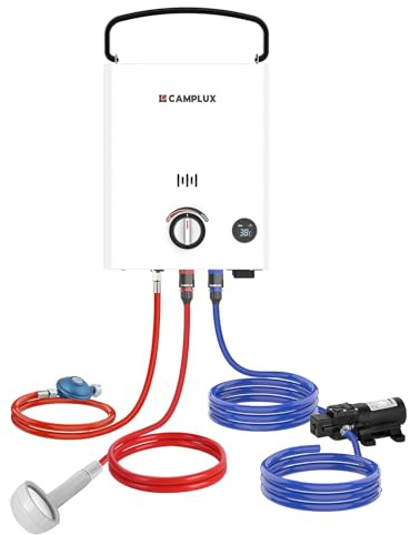 CAMPLUX First 5 Litres Chauffe-Eau à Gaz avec Pompe, LPG, 50mbar, Poignée Réglable, pour Douche Extérieure, Camping, F5 Pro-DE | Allumage de batterie 3 V 50 mbar avec écran LCD et poignée, compact et portable, convient pour la douche de camping