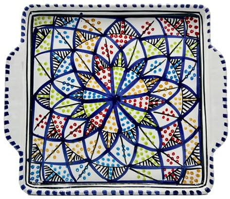 Vassoio con Manici in Ceramica Tunisina Dipinta a Mano - Eleganza e Artigianato 1301251603b Marocco Turchia Etnico del Mondo