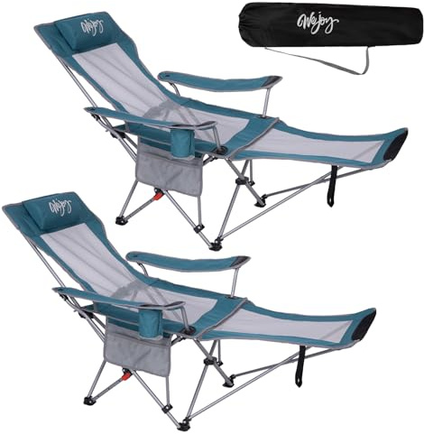 #WEJOY Campingstuhl Faltbar mit Fußstütze, 4‑Fach Verstellbarer Rückenlehne | 2‑in‑1 Relaxsessel Liege Tragkraft bis 180 kg, Strandstuhl mit Getränkehalter stabiler Metallrahmen Cyan/Grau 2er Set