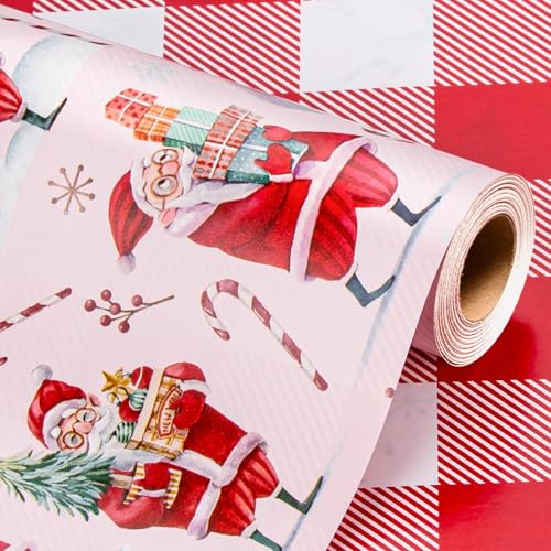 Wikadlik Weihnachts Geschenkpapier Minirolle Pink mit lustigem Weihnachtsmann, Schneemann und Zuckerstangenmuster für Winter, Feiertage, DIY und festliche Anlässe – 43cm x 10m