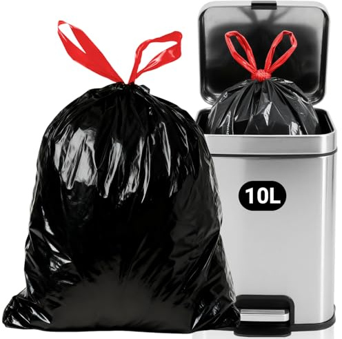 OKKEAI 10L Pedal Bin Liners with Drawstring, 60 Pack Black Small Bin Bags | Heavy Duty Strong Durable Rubbish Bags for Bathroom and Household Use