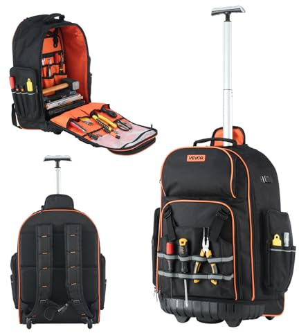 VEVOR Rolling Tool Backpack, 110 lbs Load Capacity, 72 Pockets Heavy Duty Roller Tool Bag on Wheels, Adjustable Telescoping Handle & Stable Base, Toolbag Organizers for Construction, Mechanic