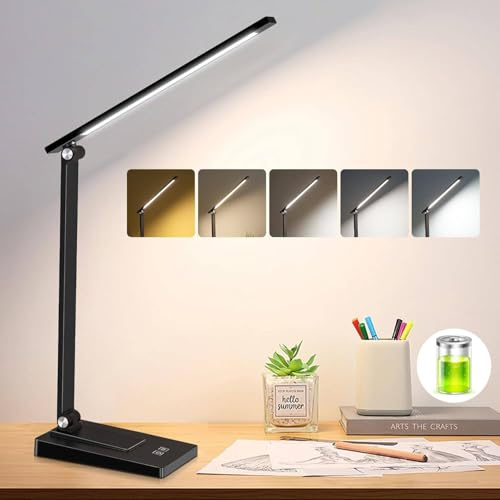 ErayLife Schreibtischlampe LED Tischlampe Kabellos, 800 lm, 2600 mAh | 5 Lichtfarben, 5 Helligkeitsstufen, Zusammenklappbar, Aluminium, geeignet für Schüler und im Büro (Schwarz)