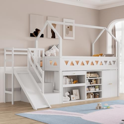 Letto singolo con scivolo e scala, multifunzionale in legno massello con cassetti, armadio, porta magnetica e protezione anticaduta, letto funzionale salvaspazio senza materasso, bianco, 90 x 200 cm