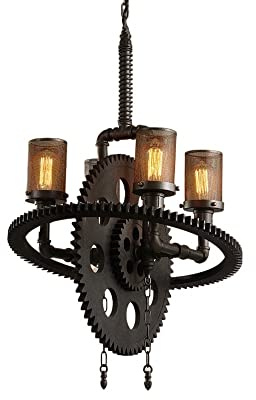 ISCBAFYX Traditionelle E27*2/4 Industrie Vintage Dachboden Wasserrohr Kronleuchter Metallgetriebe Hanging Deckenlampe Retro Steampunk Schmiedeeisen -Pendelleuchte für Bar Cafe Restaurant Wohnzimmer