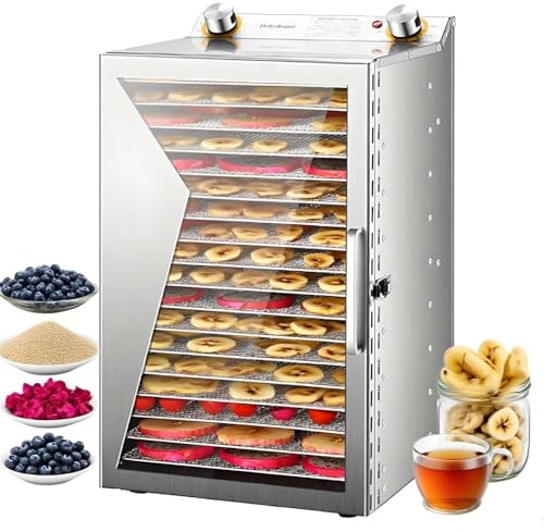 Déshydrateur Alimentaire Inox 800W avec Minuterie, Machine à Déshydrater Fruits, Légumes, Viande, Herbes, Grande Capacité, Circulation d’Air 360°, 12/18 Plateaux(18Layers)