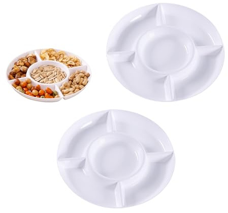 2 Stück Serviertablett Snackteller mit fächern für Snacks Rund Snackbox Obstteller Tablett Runde Servierteller mit 5 Fächern Weiß Snackschale Wiederverwendbare Süßigkeiten Snackschalen für Partys 23cm