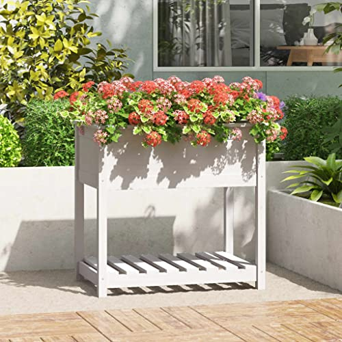 QZZCED Bac à Fleurs en Pin Massif Blanc 63,5x63,5x77,5 cm avec Étagère Pratique pour Jardin Balcon ou Patio - Composteur Élevé avec Espace de Plantation Ample et Cadre Stable