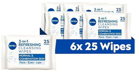NIVEA 3in1 Refreshing Cleansing Wipes Normal Skin and Combination Skin (25 Sheets), Plant-Based Makeup Remover Face Wipes, Gentle Yet Effective Makeup Removal (Pack of 6)