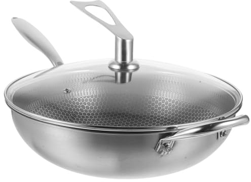 SEWACC Padella Wok in Acciaio Inox 34 CM con Rivestimento a Nido D’Ape Antiaderente Manico Ergonomico e Coperchio in Vetro Compatibile con Fornelli a Gas e Induzione per Cucina