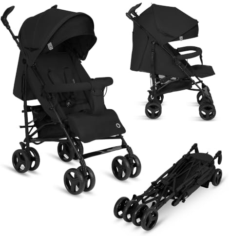 LIONELO Irma Lätt Barnvagn 6–36 Mån, Resevagn (7 kg) – Hopfällbar med en Hand, 360° Svängbara Hjul, Plant Liggläge & Justerbart Fotstöd, XXL Solskydd, Myggnät, 5-Punktssele, Stor Varukorg, Svart Onyx