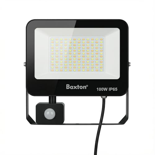 Baxton 100W LED PIR Security Floodlight, Outdoor Motion Sensor Security Light, 3CCT Selectable (3000K/4000K/6500K), IP65 Waterproof, Mains Powered for Garden, Garage & Driveway