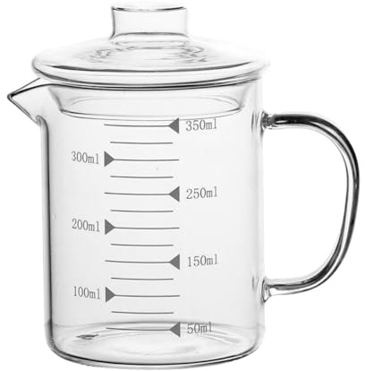Hohopeti Tazza in Vetro Borosilicato 350 Ml con Bilancia Graduata, Misurino Spesso con Coperchio Trasparente, Bicchiere da Latte Ergonomico per Cucina e Microonde