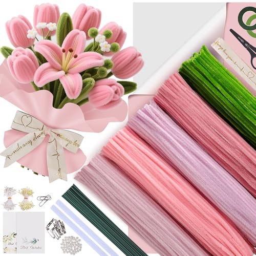 EARLY MINDS Pfeifenreiniger Blumen Set Rosa, 500 Stück in 5 Farben | Pfeifenputzer zum Basteln + Blumendrahtstiele, Staubblätter, Floristentape, Band, Anleitung für Blumenstrauß DIY Geschenke