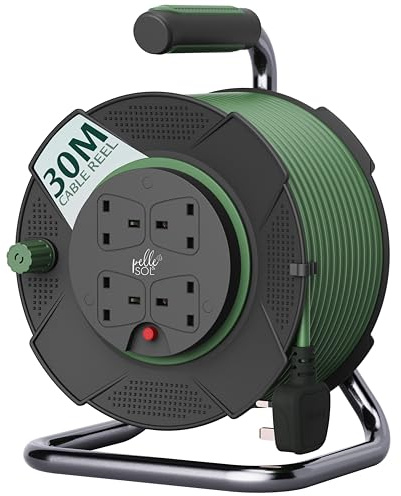 Pelle & Sol 30m Extension Lead Cable Reel with 4 Sockets - Heavy Duty 3120W Power Extension Cable with Overheat Protection for Home, Garden, DIY & Workshop Use