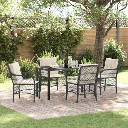 Owoxanthellate Schwarze Garten-Essgruppe 5-TLG aus wetterfestem Poly-Rattan 160x80 cm mit Stahlrahmen modernes Balkonmöbel-Set mit Kissen für Terrasse Garten oder Outdoor-Lounge