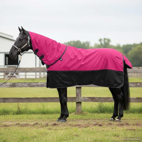 Teenpull Manta para caballo rosa y negro de poliéster de 75 cm con cierre ajustable en el pecho y solapa de cola, transpirable, impermeable, manta para establo, pasto y transporte