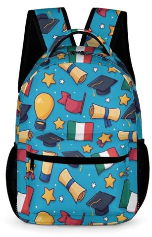 WECECE Kids Italy Flag School Bag Age 9 Students for Boys Graduation Theme Daypack for Girls Year 3 with Front Pocket Rucksack Books Water Bottle Autumn Trip Daily Use