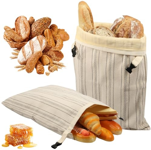 GWCYMYD 2 PCS Reusable Beeswax Bread Bags for Homemade Sourdough, 43cmx33cm Natural Cotton Waxed Storage Bag with Buckle Closure, Airtight Freshness Keeper for Freezer, Bakery Essentials