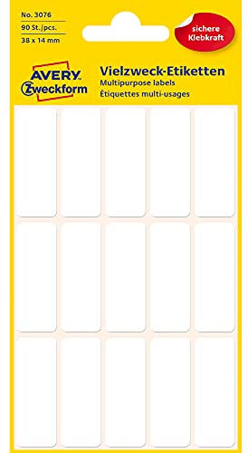 AVERY Zweckform 3076 Haushaltsetiketten selbstklebend (38x14 mm, 90 Aufkleber auf 6 Bogen, Vielzweck-Etiketten für Haushalt, Schule und Büro zum Beschriften und Kennzeichnen) blanko, weiß