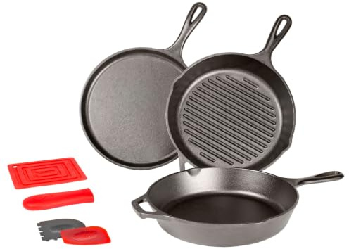 Lodge L6SPA41 Essential Pfannen-Set, 7-teilig, schwarz | PFAS-freies Gusseisen-Set mit Bratpfannen, Grillplatte und Dutch Oven für ungiftiges tägliches Kochen, hergestellt in den USA