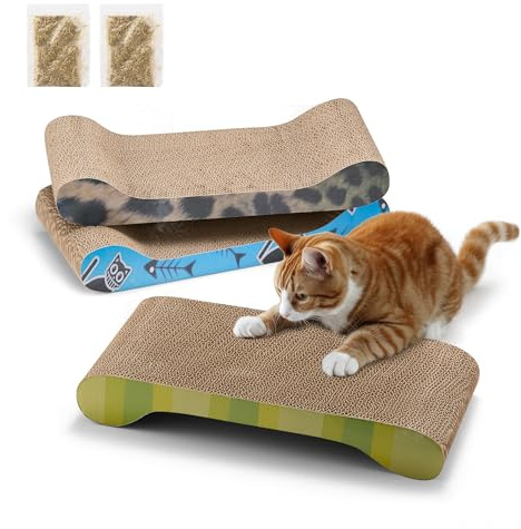Milo & Misty Cat Scratching Board – Pack of 3 Cardboard Cat Scratcher with Catnip, Scratching Mat for Indoor Kittens – 48x22x7cm