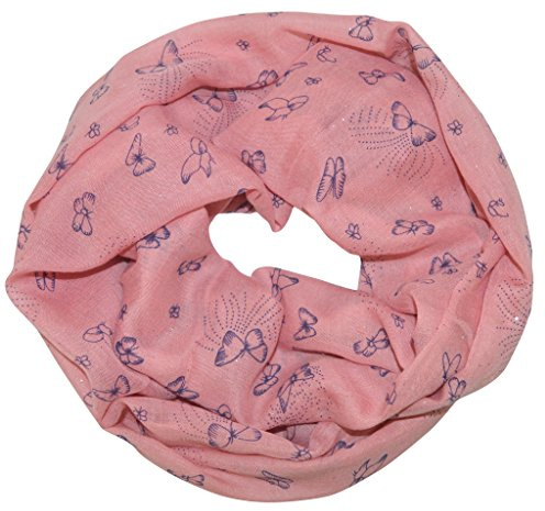 thb Richter Damen glitzernder Loopschal Schlauchschal mit Schmetterlinge Butterflies Muster Glitzer Glanz Schal Rundschal Leicht Weich Soft Butterfly Schmetterling (Rosa)