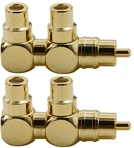 BNKENX 2PCS RCA Splitter Adapter Male to Two Female Right Angle Plug Audio Video Connector Copper Gold Plated AV Splitter