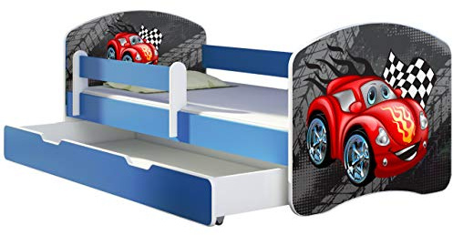 ACMA Kinderbett Jugendbett mit Einer Schublade und Matratze Blau mit Rausfallschutz Lattenrost II 140x70 160x80 180x80 (05 Rote Auto, 140x70 + Bettkasten)