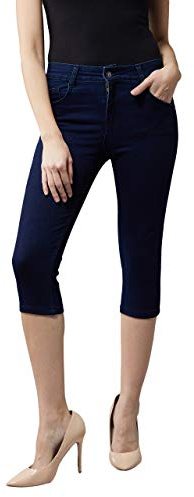 Dolce Crudo dam marinblå skinny fit hög midja skuren längd ren look denim stretchiga caprijeans, Marinblå, 26