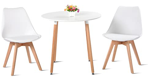 H.J WeDoo Esstisch mit 2 Stühle Essgrupp Holztisch und Weiß Skandinavisches Stuhl Esstisch Set für Esszimmer Küche 80cm