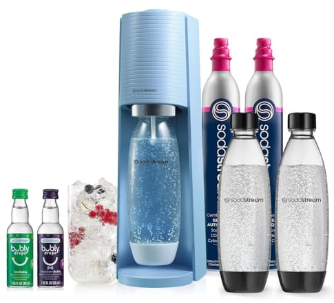 SodaStream - Terra Sparkling Water Maker | VALUE BUNDLE | CQC CO2 system | Includes 2x CO2 Cylinders, 3x 32 Fl Oz Dishwasher Safe Bottles, 2x Bubly Flavor Drops | Combine with Flavors | Misty Blue