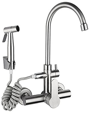 Wasserhahn Küche Wandmontage Küchenarmatur mit Spritzpistole Gebürstet 360° Drehbar Einhebelmischer Armatur Küche Wasserhahn Spüle Wandarmatur für Küche