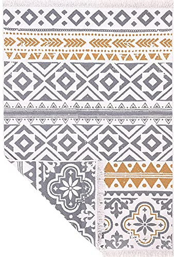 Fashion4Home Teppich Läufer - Tepiche für Wohnzimmer, Schlafzimmer, Küche, Kinderzimmer, Badezimmer - Boho Kelim - Läufer Flur, Ceramic-Hellgrau-Gold, Größe: 140x200 cm