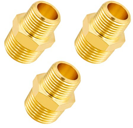 Tnuocke 3 piezas 1/2 NPT macho x 3/8 NPT macho macho latón macizo, adaptador de conector recto hexagonal pesado H-041-1/2 NPT-3/8 NP
