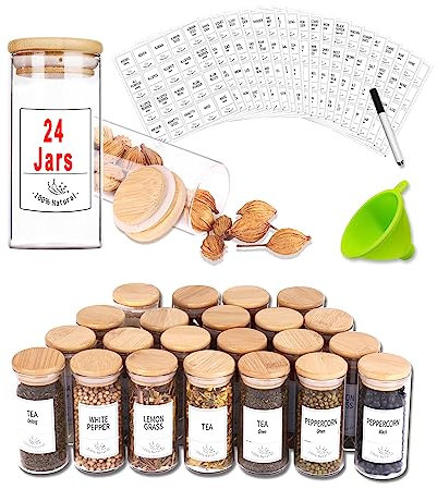 Churboro 24 Glass Spice Jars with Bamboo Airtight Lids, 400 Spice Labels, Funnel and Chalk Marker Set Spice Containers, 4 OZ Glass Storage Jars.