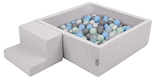 KiddyMoon Skumlekplats för barn med fyrkantigt bollhav (100 bollar), ljusgrå: pärla / grå / genomskinlig / Babyblå / Mint
