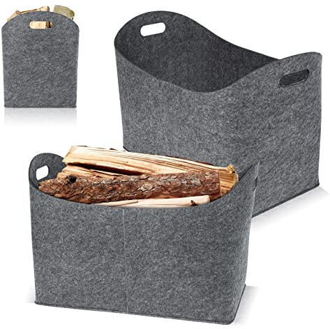 Aufun 2 bolsas de fieltro XXL,Cesta para Leña de Chimenea Hecha de Fieltro Extragrueso, Cesto Leñero con Asas Reforzadas para guardar madera, periódicos, leña (55 x 30 x 40 cm,Gris claro)