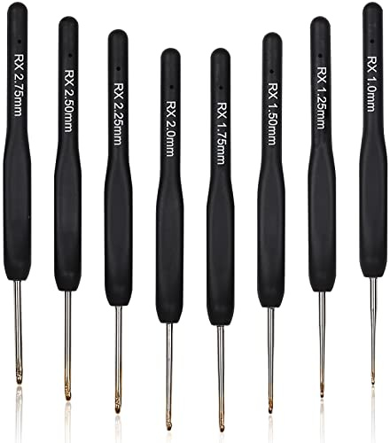 Aeelike 8 Stücke Häkelnadel Set Spitze Häkelnadel, Mini Häkelnadeln Set mit Schwarz Weichen Griff, Feine Häkelnadeln mit Ergonomische Dünn Griff, 1,0-2,75 mm Kleine Größe Häkeln Set für Anfänger
