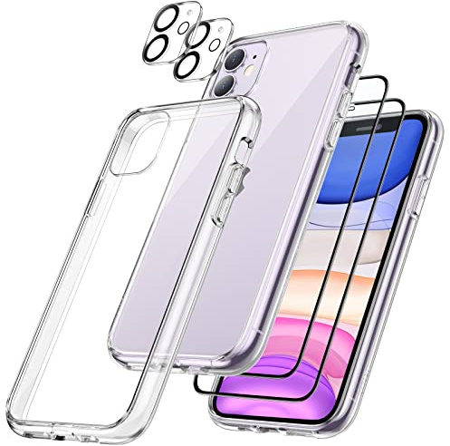 JETech 5-in-1 Hülle für iPhone 11, Anti-Vergilbung, Durchsichtig | 2 Gehärtete Glas Schutzfolien, 2 Kameraschutz Folien, Stoßfest Handyhülle