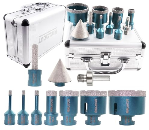 MINLAYCUT Diamantbohrer Fliesenbohrer Set 6/6/8/20/35/50/68mm 10 Stücke Diamant-Bohrkrone Lochsäge mit 10mm and 50mm Fingerfräser ein Adapter für Porzellan Fliese Granit Marmor Trockenbohren