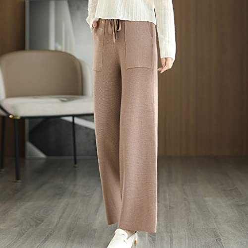 Pantaloni In Cashmere Da Donna - Pantaloni A Gamba Dritta Da Donna Autunno Inverno Moda Pantaloni A Gamba Larga In Maglia Con Tasche Caldi Pantaloni Cammello A Vita Alta Elegante Regalo Di Natale C