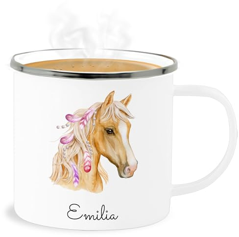 Emaille Becher Blechbecher - Pferd Pferde - Pferdekopf - 300 ml - Weiß Silber - tasse emaille+tasse+kinder+personalisiert pferden pferdemotiven tassen kinder pferdemotiv mädchen reiten