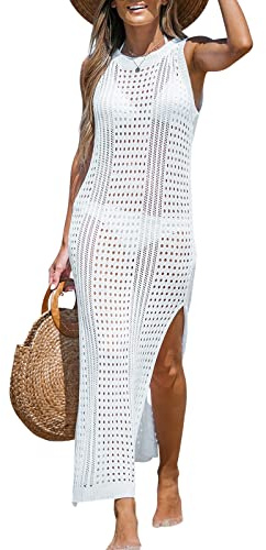 CUPSHE Damen Bikini Cover Up Crochet Bodycon Strandkleid Rundhals Ärmellos Strandponcho Sommer Beach Maxi Dress Weiß M