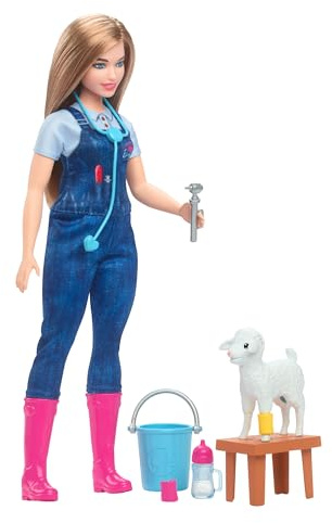 Barbie 65th Anniversary Doll & 10 Accessories, Farm Veterinarian Set with Blonde Vet Doll, Lamb with Moving Ears & More, HRG42