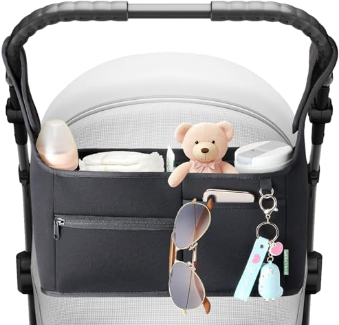 Homlynn Kinderwagen-Organizer Universal, neues Stoffdesign, bietet Platz für 2 Babybecherhalter, mehrere Taschen für Windeln und Spielzeug, passend für alle Offroad-Modelle
