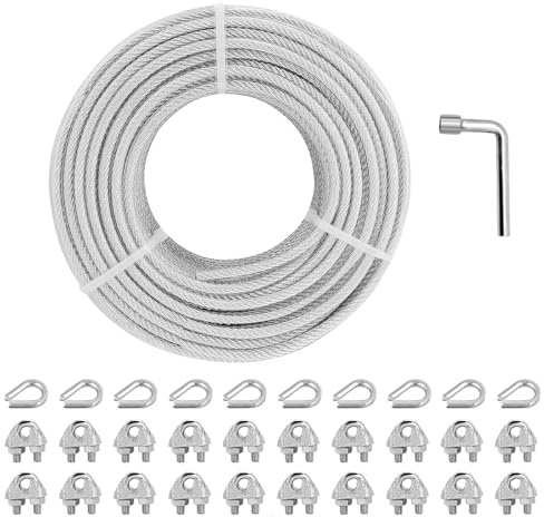 hannger 1/8 Wire Rope Kit, 100 Ft PVC Coated Steel Cable Guide Wire Tensioner Strainer Kit w/ 7×7 Strand Core Steel Wire for String Light Hanging Kit/Decking & Stair Railings/Shade Sails/Clothes Line