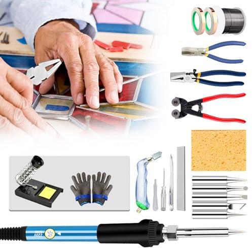 HYQNG Kit de iniciación Profesional para vidrieras, con Kit de Herramientas para Cortar Vidrio, Kit de Soldador de 60 W, Cinta de lámina de Cobre de 2 m, Alambre de Soldadura de 500 g, Resistentes
