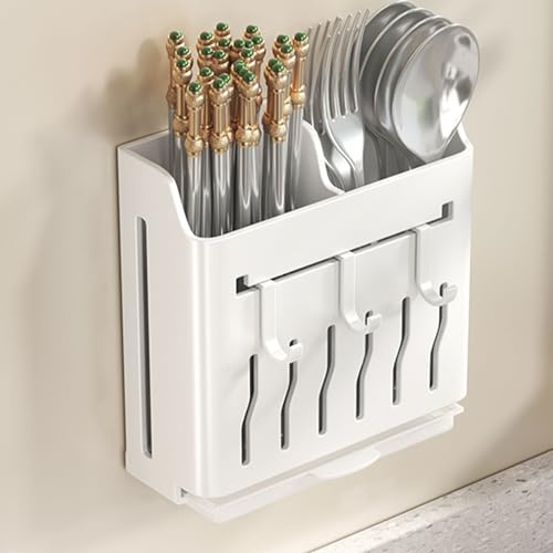 Dxcaicc Porte-ustensiles Mural, Organisateur de Rangement Suspendu avec Crochets, Porte-Couteaux, Baguettes, Couverts, argenterie, Support de Rangement, pour fourchettes,Blanc,A